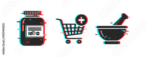 Supplement jar paired with shopping cart and mortar on white background. Glitch effect
