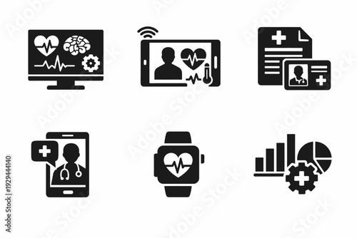 Digital Healthcare Monitoring and Telemedicine Icons