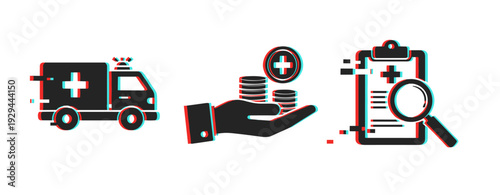 Ambulance finance and medical record icons displayed on white background. Glitch effect