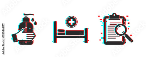 Hand sanitizer dispensing with hospital bed and inspection icons. Glitch effect