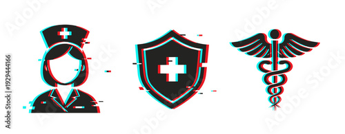 Nurse symbol alongside shield and caduceus on white background. Glitch effect