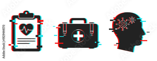 Medical icons showing health assessment and aid on white background. Glitch effect