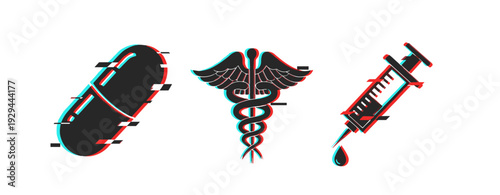 Medical pill caduceus and syringe in healthcare icons. Glitch effect