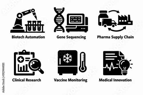 Icons of biotech automation and medical innovation in gene sequencing and clinical research