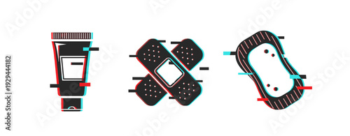 Cream tube bandage and sponge icons shown on white background. Glitch effect