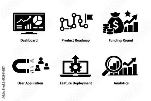 Dashboard icons illustrating business concepts: analytics, product roadmap, funding, user acquisition