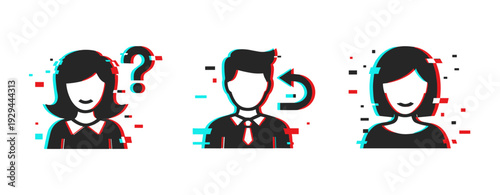 Female confusion, male undo, female neutral avatar user icons. Glitch effect