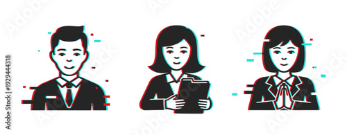 Business avatars posing as professionals on white background. Glitch effect