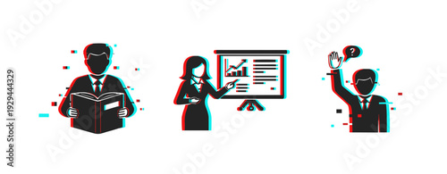 Business people presenting data and asking questions in office. Glitch effect