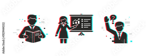 Employee reading presentation and support icons shown on white background. Glitch effect