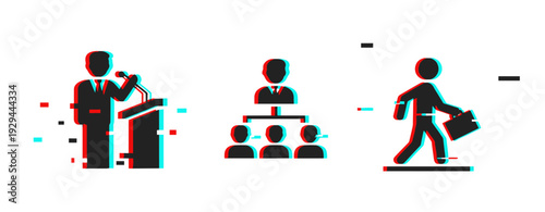 Podium leadership icons with walking business figure on white panel. Glitch effect