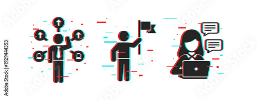 Person juggling growth icons, leader holding flag, woman messaging. Glitch effect