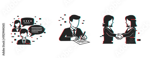 Business communication signing and handshake icons on white background. Glitch effect
