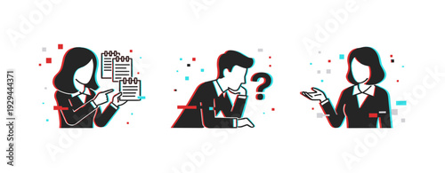 Business people showing documents and questioning in office. Glitch effect