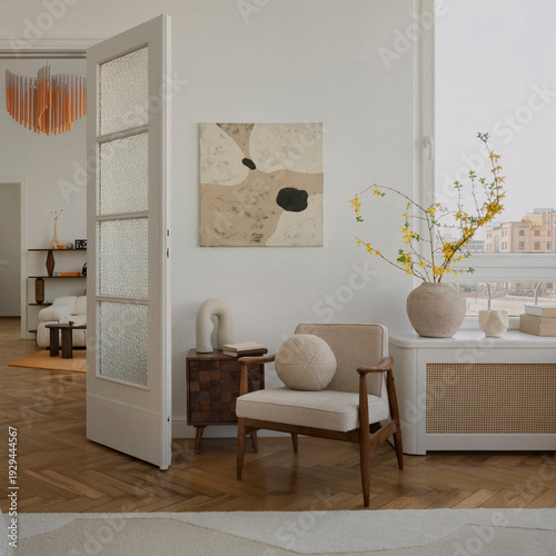 Minimalist Living Room Interior with Modern Art, Armchair, and Natural Light for Contemporary Home Decor Spaces