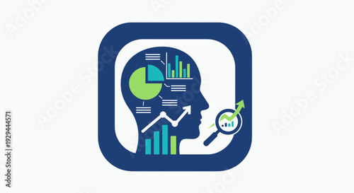 Conceptual illustration of a human head with charts and analytical elements
