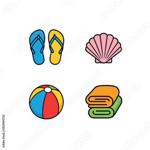 Beach essentials collection featuring flip flops, seashell, beach ball, and towels.