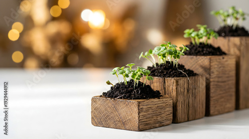 Small Green Seedlings Growing in Successive Wooden Blocks on White Table Symbolizing Growth and Business Investment