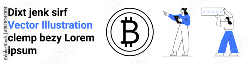 Bold Bitcoin logo in center with people pointing and showcasing text blocks. Ideal for finance, cryptocurrency, blockchain, technology, education, startups, simple landing page