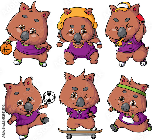 Cute Wombat Sports Character Set Playing Active Games