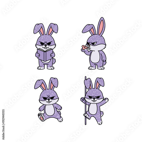 Cartoon purple bunny set with different emotions and actions on white background