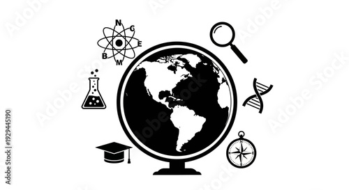 Globe surrounded by science icons including atom molecule DNA and graduation cap viewed from slightly above