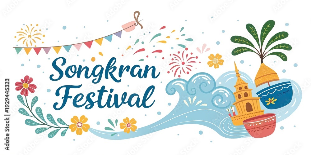 Naklejka premium Songkran festival colorful typography banner with water splashes flowers and Thai celebration mood.