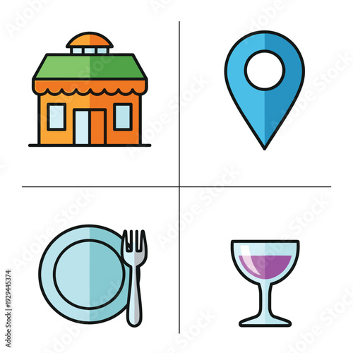 Restaurant and Dining Icons with Location Pin and Wine Glass.