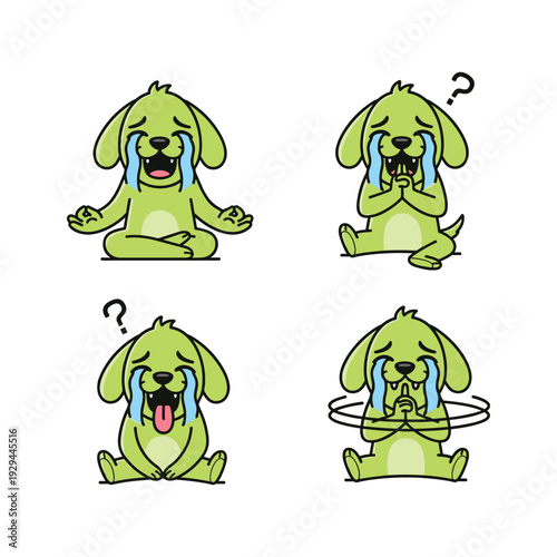 Cartoon dog expressing various emotions with tears and question marks in a simple illustration style