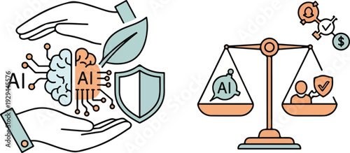 A graphic illustration depicting concepts of Inclusive AI Laboratory with a hand holding a shield and brain with AI, and a scale balancing AI with a heart and a person in a line drawing