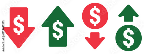 Dollar price arrow icon, showing upward and downward movement, vector illustration for finance, stock market, trading, investment, and business analysis projects.