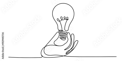 Continuous line drawing of a human hand holding a light bulb as a symbol of creativity.