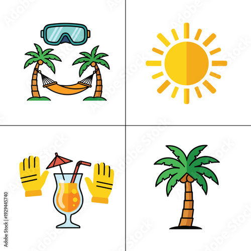 Summer vacation icons featuring sun, palm trees, and refreshing drinks.