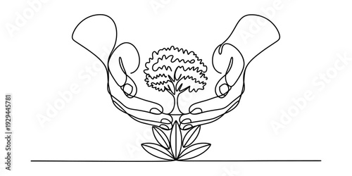 One line drawing of two hands protecting and nurturing a growing tree from small leaves.