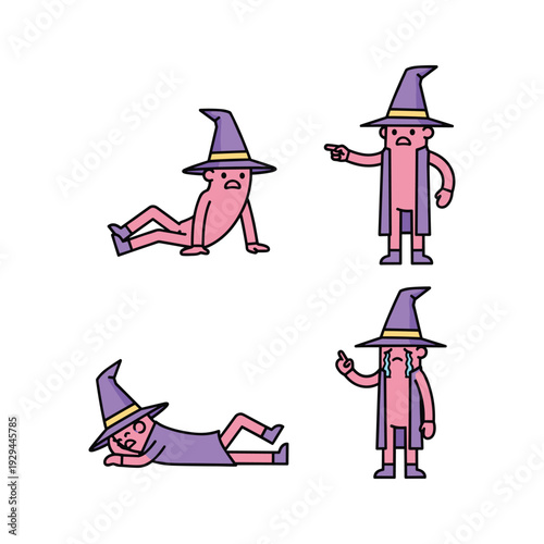 Cartoon wizard character in various poses and actions with a comical expression