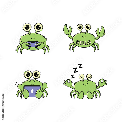 Cartoon crabs showing emotions and actions with cute expressions