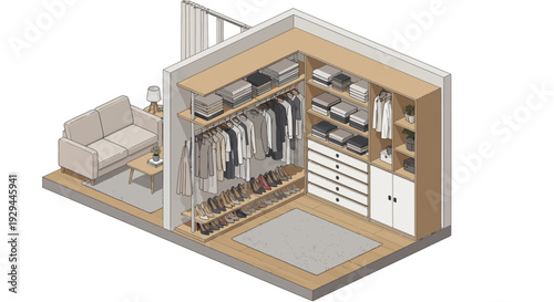 Modern Minimalist Walk-in Closet with Organized Storage and Adjacent Living Space.