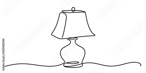 Single line drawing of a classic table lamp with a curved base and a trapezoidal shade.