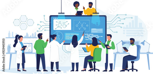 Diverse group of people in lab coats collaborating around a large computer screen in an inclusive AI laboratory setting with various technical equipment and diagrams.