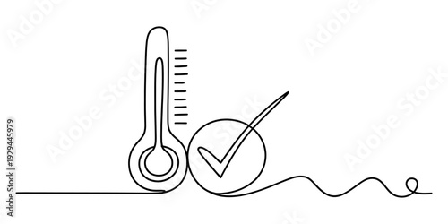 Single line drawing of a thermometer with a checkmark symbol for health and temperature control.