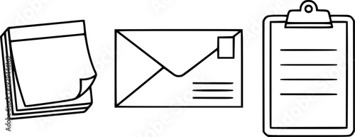 Office Stationery Supplies Vektor Ikon Set Sticky Notes, Envelope, Clipboard
