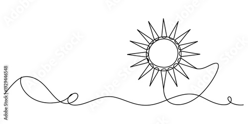 Minimalist continuous line drawing of a sun with rays and a flowing wavy horizontal line below it isolated on white background, Vector, illustration