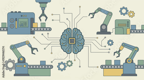 Artificial intelligence brain controlling industrial automation and robotic manufacturing