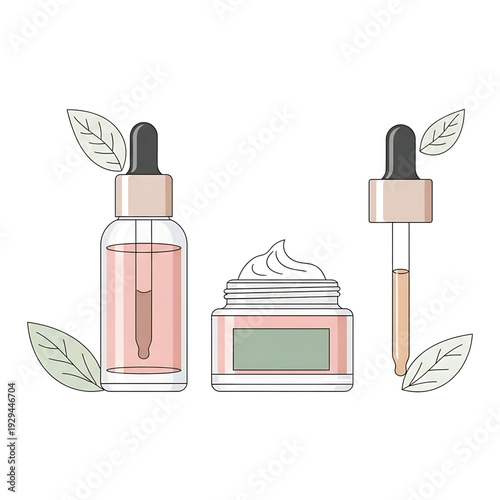 Set of skincare products including a dropper bottle of serum and a jar of cream with leaves on a white background