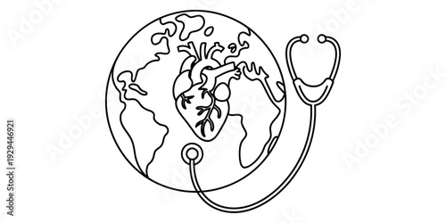 Line drawing of a globe with a human heart in the center and a stethoscope listening to it isolated on white background, Vector, illustration