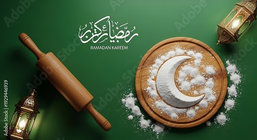 Ramadan Kareem Background with Crescent Moon and Lanterns