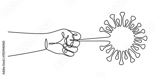 Continuous line drawing of a fist punching a virus representing the fight against covid-19 isolated on white background, Vector, illustration