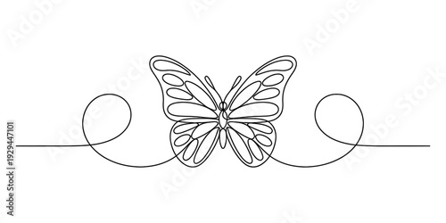 Elegant continuous line drawing of a butterfly with decorative swirls for minimalist design projects isolated on white background, Vector, illustration