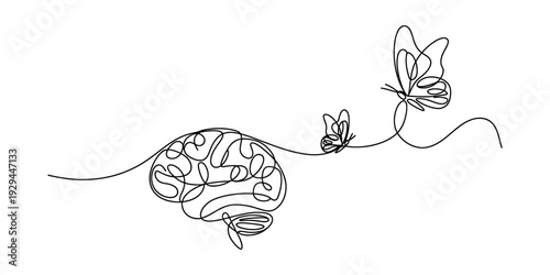 One line drawing of a human brain with butterflies symbolizing mental health and freedom. isolated on white background, Vector, illustration