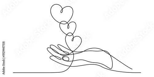 Continuous line drawing of a human hand holding three hearts floating upwards in the air isolated on white background, Vector, illustration